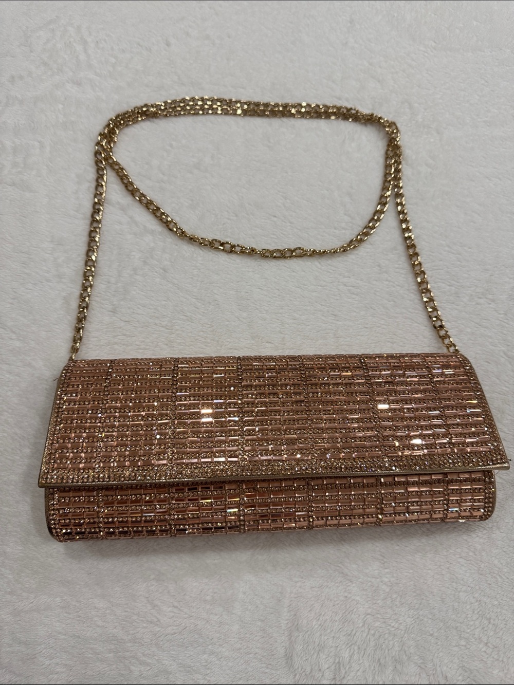 Elegant Rose Gold Beaded Evening Clutch with Chain Strap
